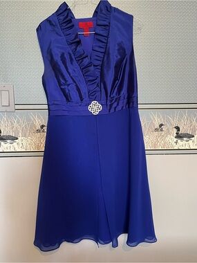 JS Collections Cobalt Blue Ruffled V-Neck Dress with Decorative Waist